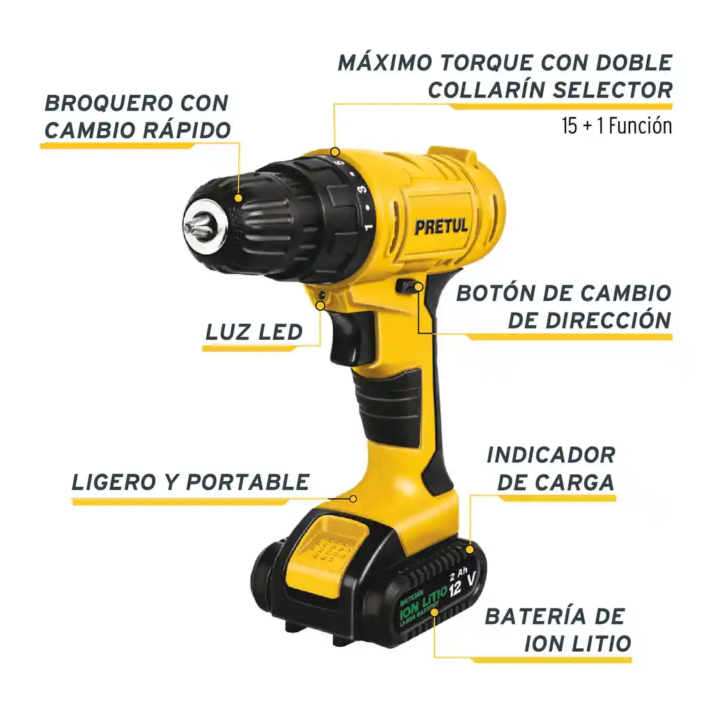 Taladro Inalámbrico 3/8" 12 V Pretul