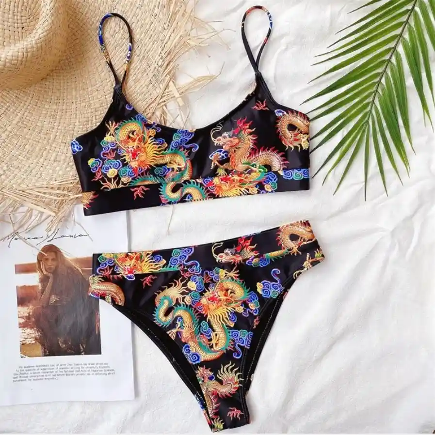 Vestido De Baño Bikini Beijin Negro Dragones