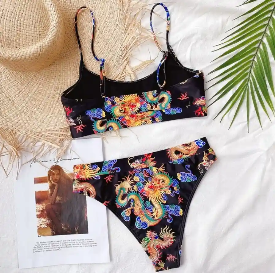 Vestido De Baño Bikini Beijin Negro Dragones