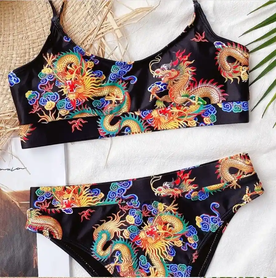 Vestido De Baño Bikini Beijin Negro Dragones