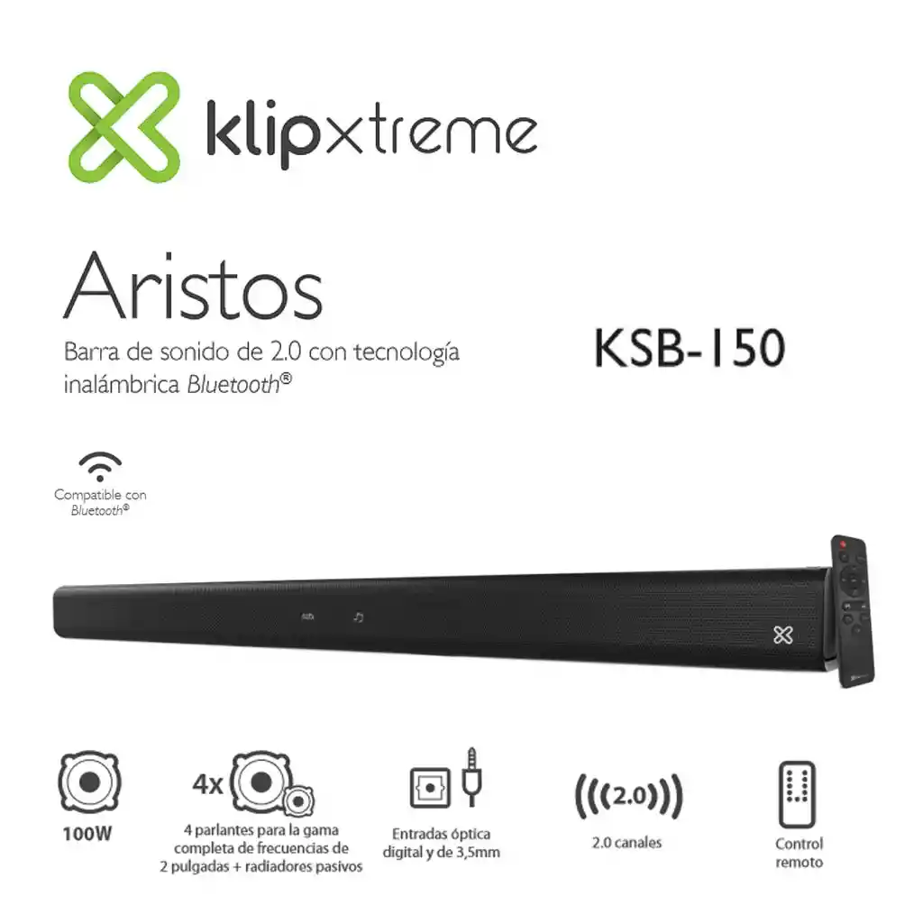 Barra De Sonido 2.0 Klip Xtreme Aristos Ksb-150, Bluetooth, 100w Rms