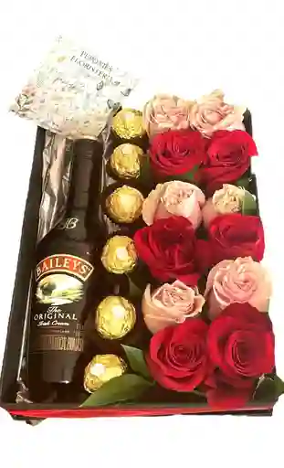 Caja Floral De Rosas, Chocolates Y Baileys