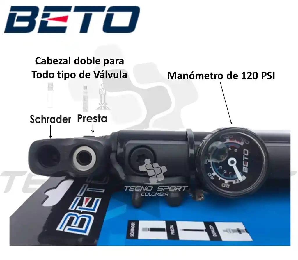 Inflador Beto Mini Bomba Aire Bicicleta 80 Psi Con Manometr