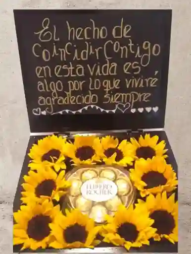 Caja De Girasoles Y Ferreros Aniversario Amor Cumpleaños, Aniversario, Feliz Dia De Las Flores Amarillas