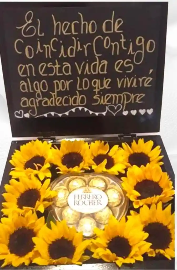 Caja De Girasoles Y Ferreros Aniversario Amor Cumpleaños, Aniversario, Feliz Dia De Las Flores Amarillas