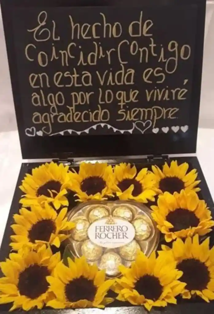 Caja De Girasoles Y Ferreros Aniversario Amor Cumpleaños, Aniversario, Feliz Dia De Las Flores Amarillas