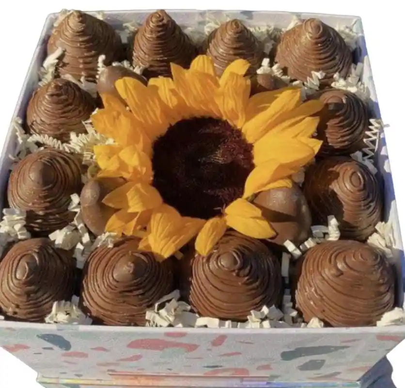 Caja Mas Girasol Y Fresas Con Chocolate Amor Aniversario Cumpleaños, Del Abogado Dia De Regalar Flores Amarillas