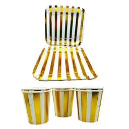 Kit 10 Platos Torta, 10 Vasos Desechables De Cartón Dorados