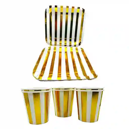 Kit 10 Platos Torta, 10 Vasos Desechables De Cartón Dorados