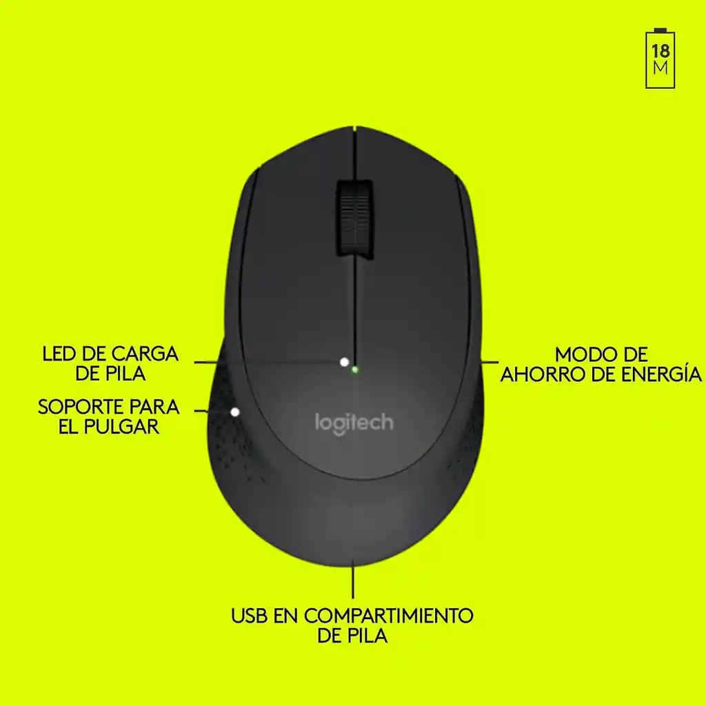 Mouse Inalámbrico Logitech M280 Diseño Curvo Total Comfort - Negro