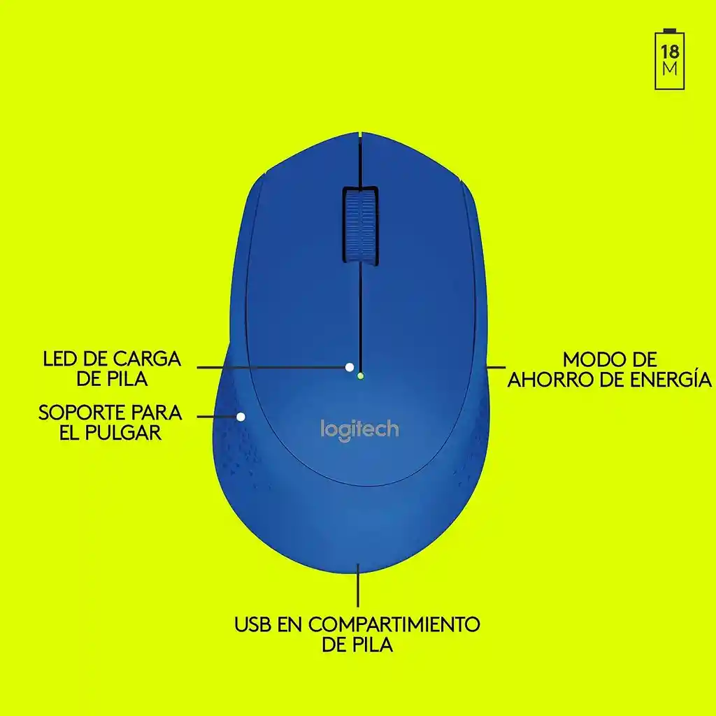 Mouse Inalámbrico Logitech M280 Diseño Curvo Total Comfort - Azul