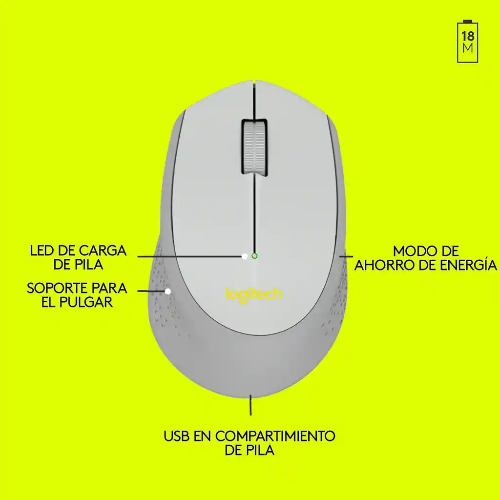 Mouse Inalámbrico Logitech M280 Diseño Curvo Total Comfort - Plateado