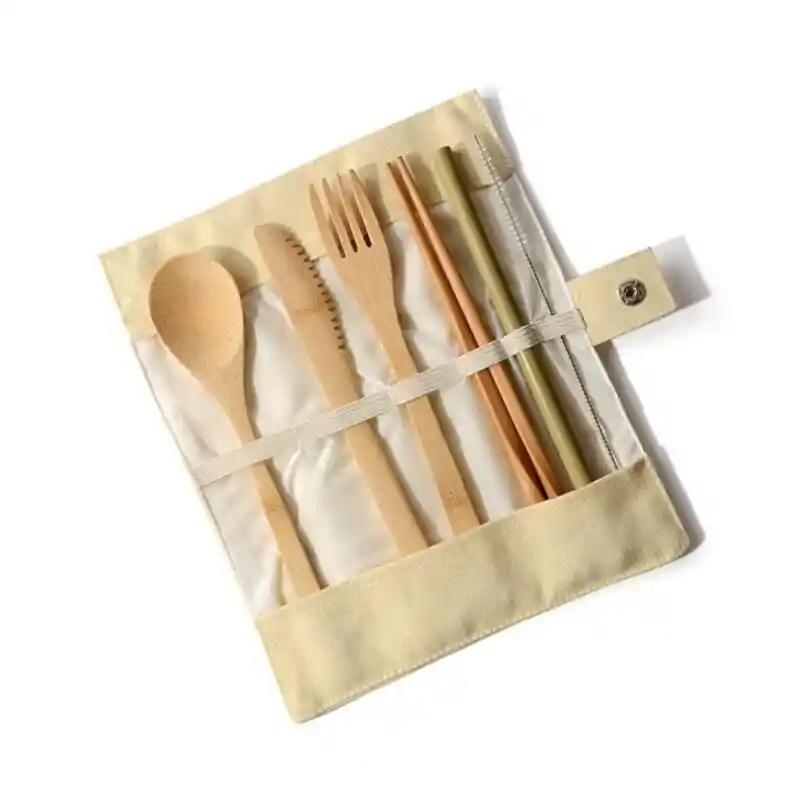  Set De Cubiertos De Bambu Portable Lavable 