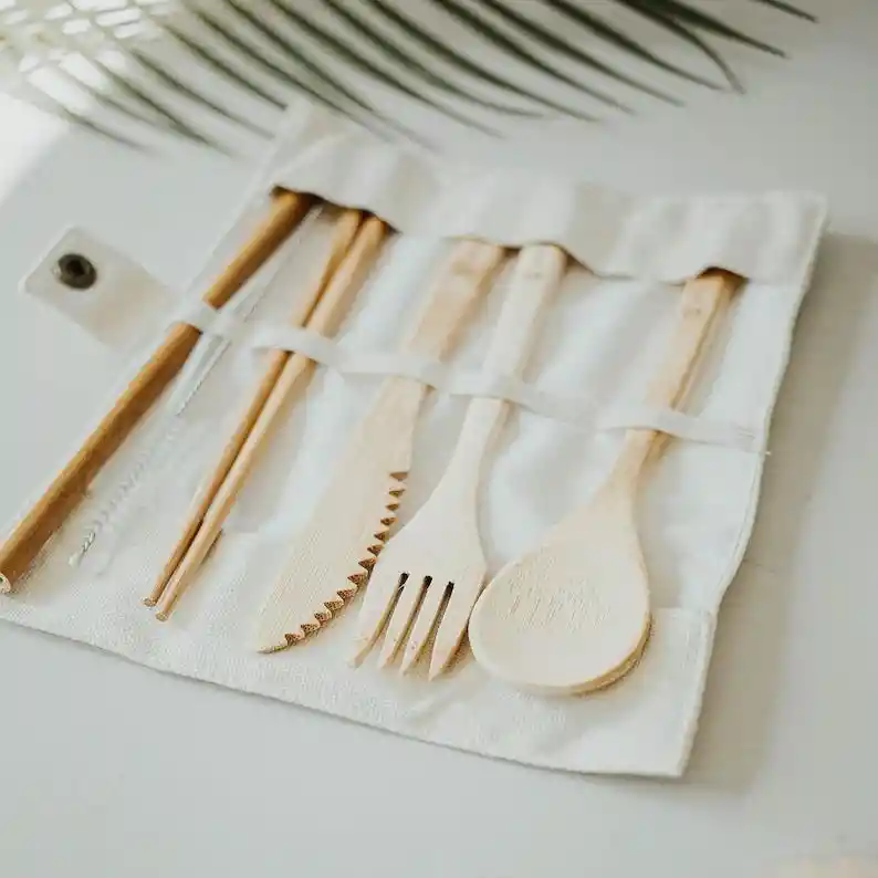  Set De Cubiertos De Bambu Portable Lavable 
