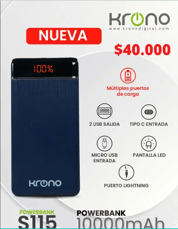 Power Bank Krono 10.000 Mah 2 Puertos Usb Salida