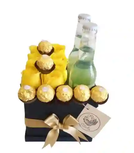 Caja Deluxe De Rosas Amarillas, Sodas Hatsu Y Chocolates Ferrero