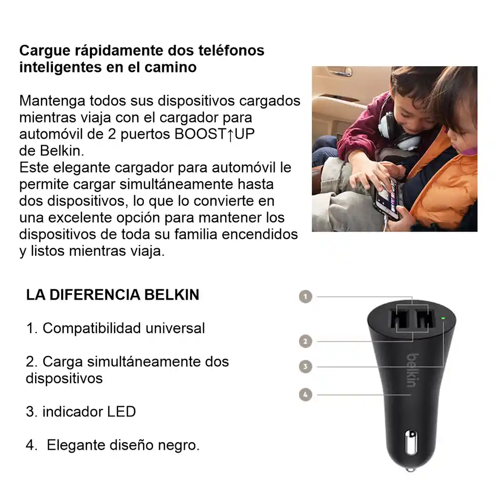 Cargador Carro Belkin 24w / 2 Puertos Usb + Cable Lightning