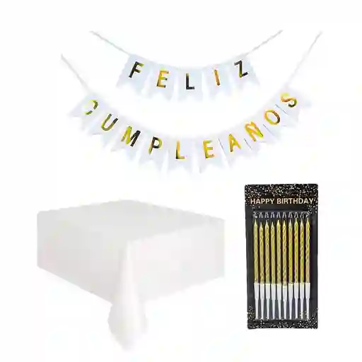 Kit Decoración Fiesta Feliz Cumpleaños Blanco Con Dorado