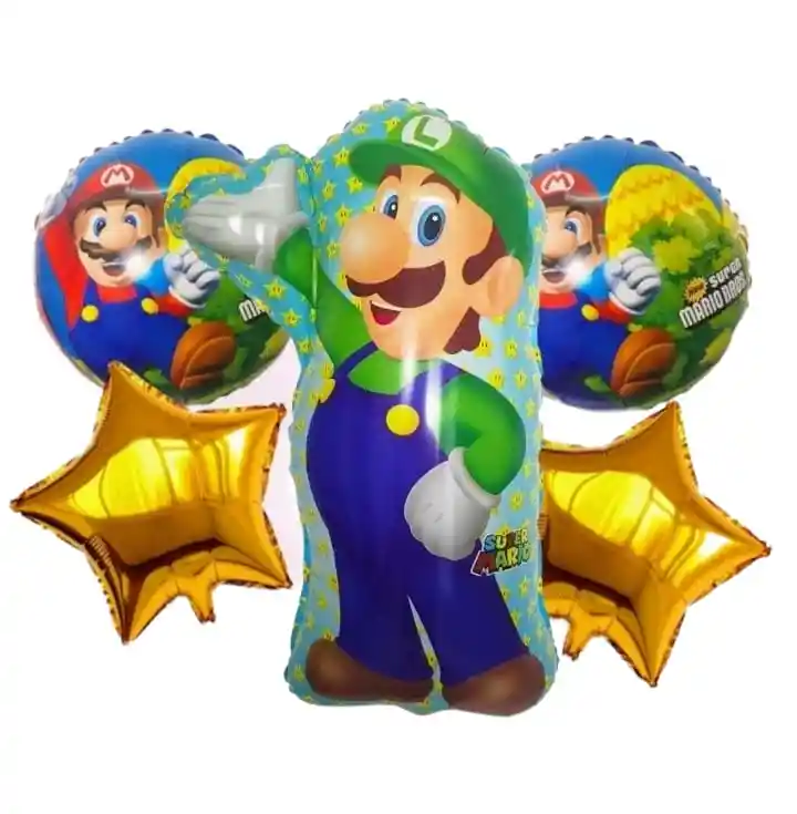 Globo Metalizado Bouquet 5 Pcs Videojuego Luigi