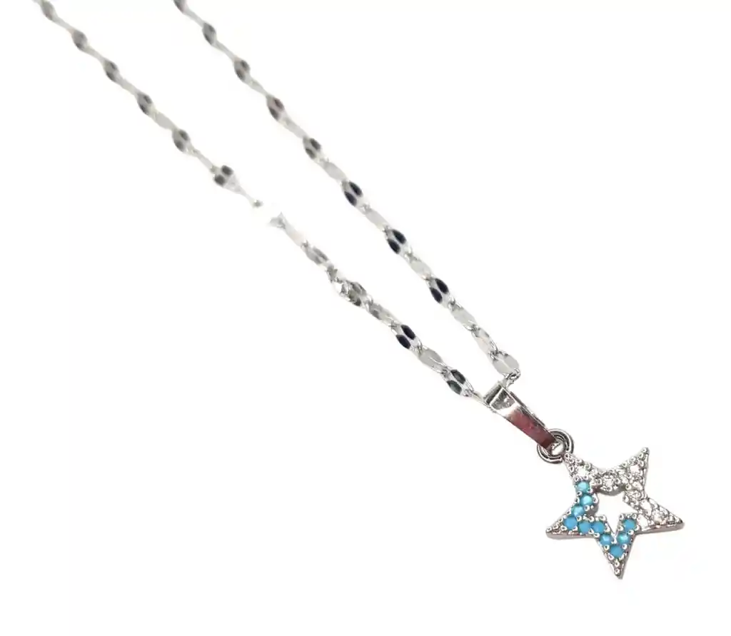 Juego De Aretes Y Collar En Acero Diseño Mini Estrella Azul