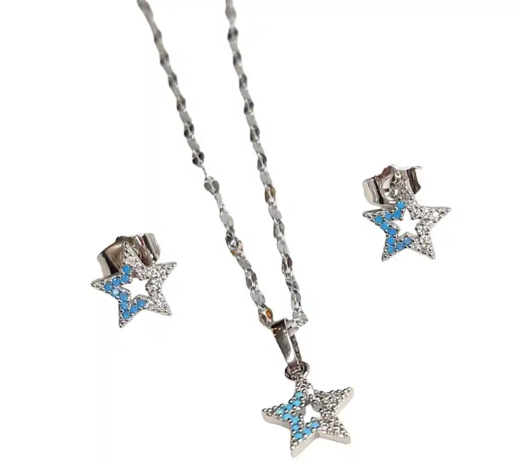 Juego De Aretes Y Collar En Acero Diseño Mini Estrella Azul