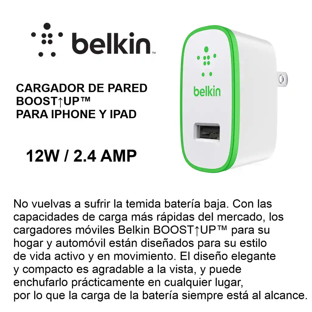 Cargador De Pared Usb-a Belkin Boostup 2.4 Amp Iphone / Ipad