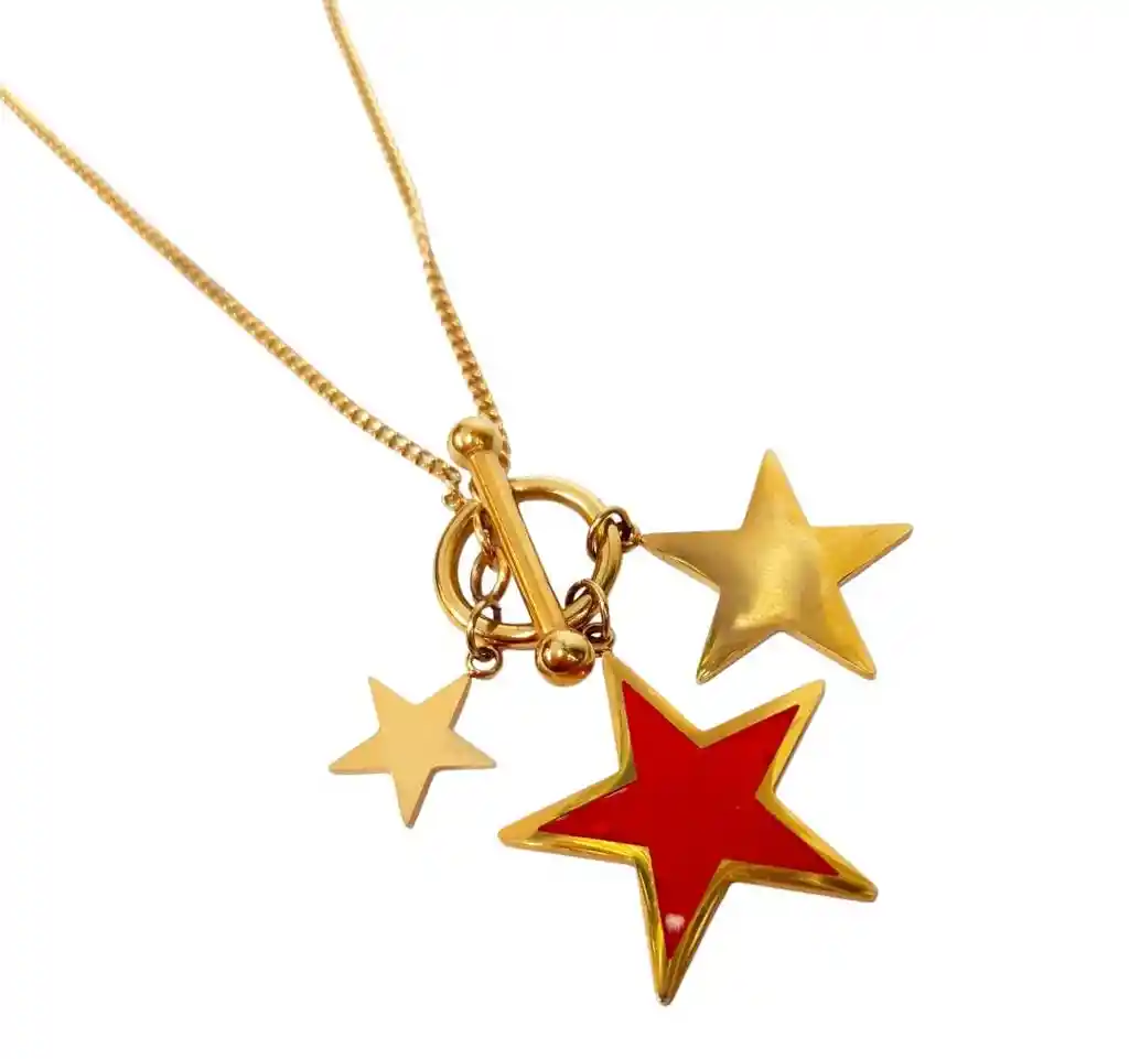 Juego De Aretes Y Collar En Acero Diseño Tres Estrellas Roja