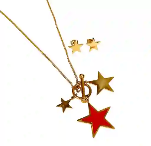 Juego De Aretes Y Collar En Acero Diseño Tres Estrellas Roja