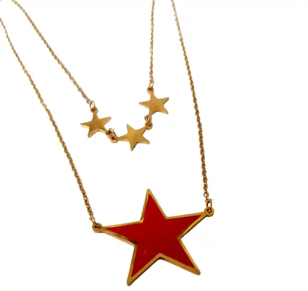 Juego De Aretes Y Collar En Acero Estrella Roja Grande