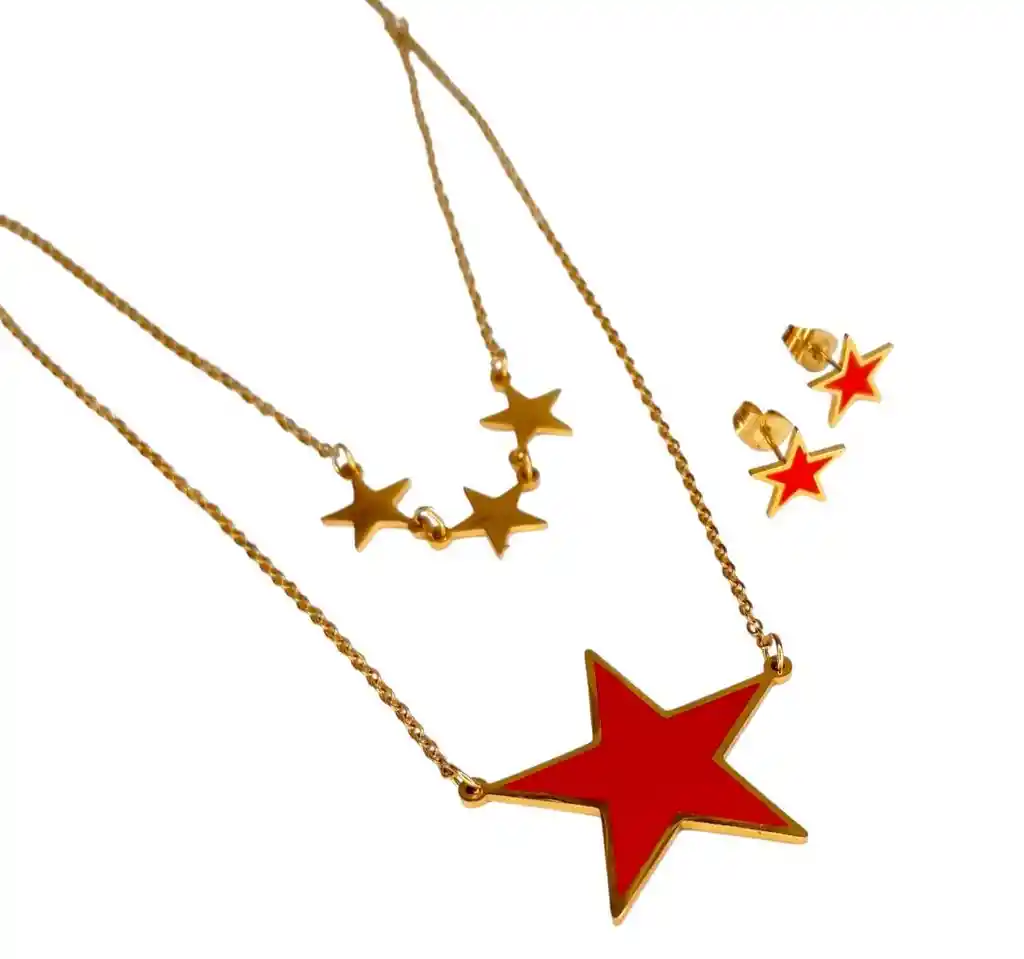 Juego De Aretes Y Collar En Acero Estrella Roja Grande