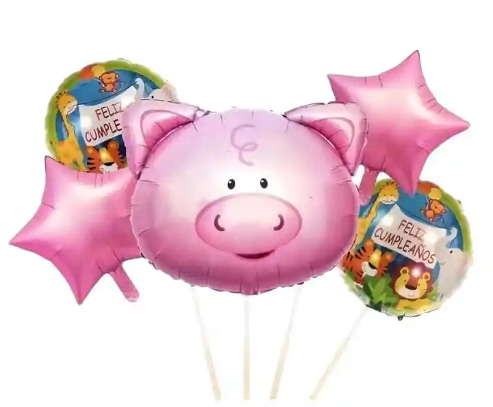 Bouquet 5 Globos Metalizados Cerdito Feliz Cumpleaños