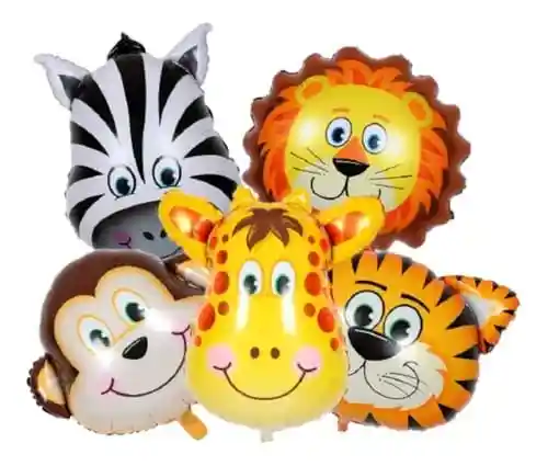 Kit 5 Globos Animales Selva Safari - Leon Jirafa Cebra Mono Y Tigre