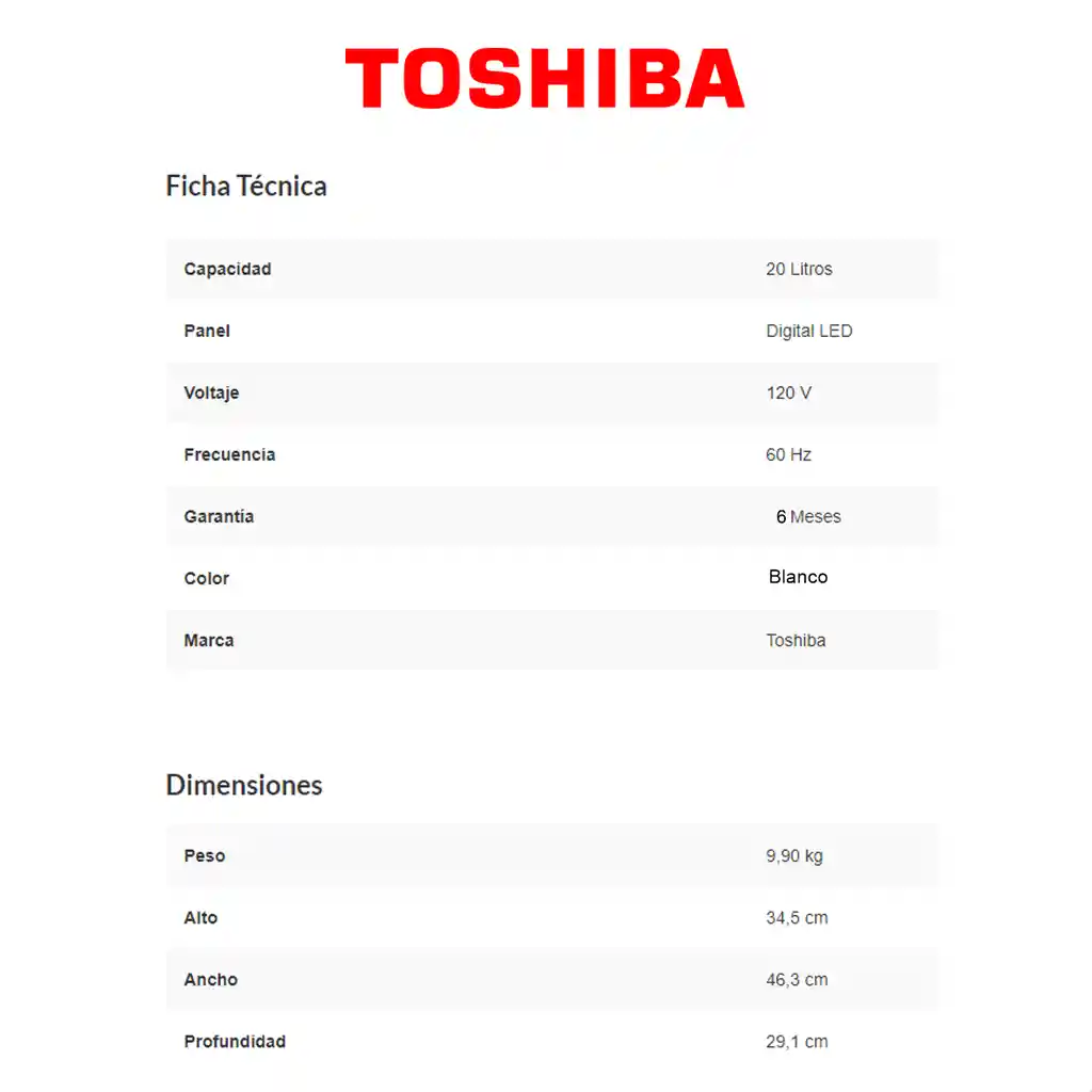 Horno Microondas Toshiba De 0.7 P (20 L) / 700 W - Blanco