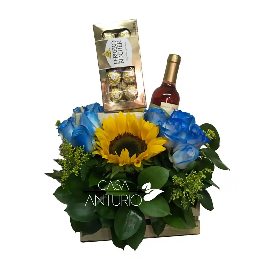 Arreglo Con Girasol, Rosas, Chocolates Y Vino