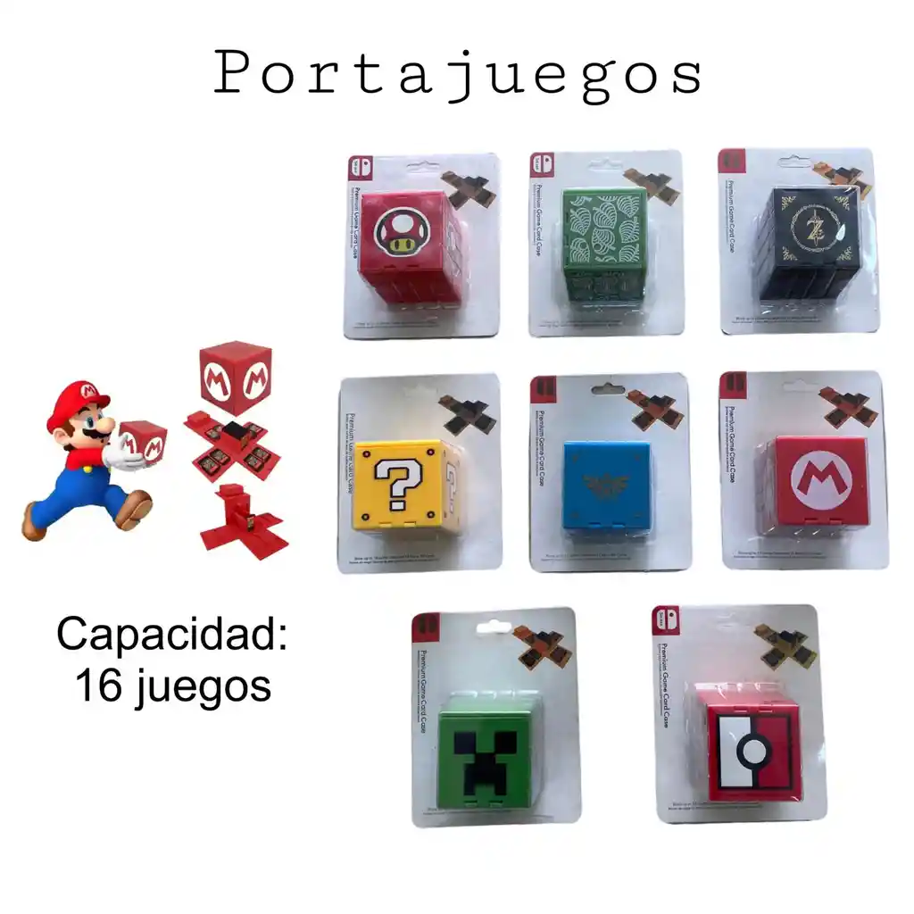 Porta Juegos Cubo Diseños (16 Espacios) + Vidrio Oled + 2 Grips Nintendo Switch
