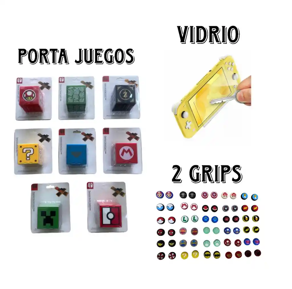 Porta Juegos Cubo Diseños (16 Espacios) + Vidrio Lite + 2 Grips Nintendo Switch