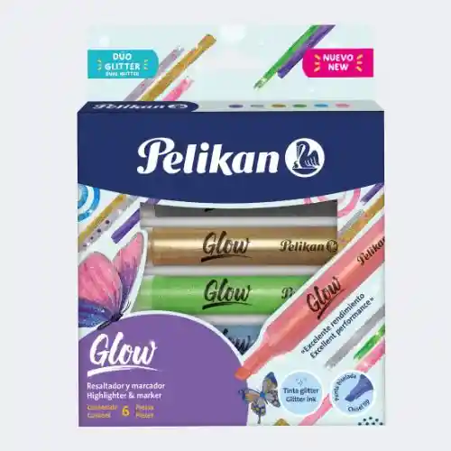 Resaltador Y Marcador Glow Dúo Glitter X6 Pelikan