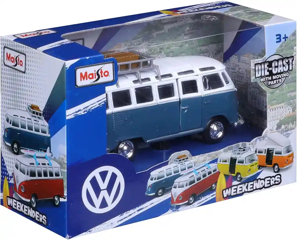 Furgoneta Volkswagen Van Samba Azul De Colección Escala 1/36