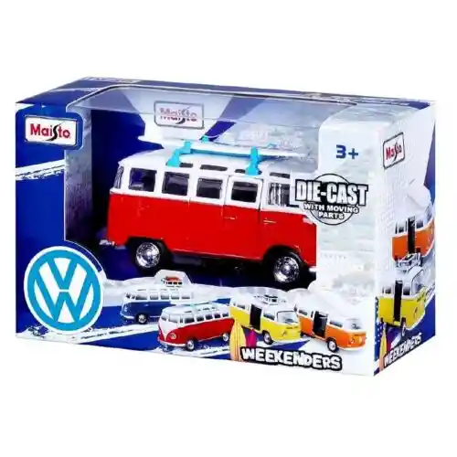 Furgoneta Volkswagen Van Samba Rojo De Colección Escala 1/36