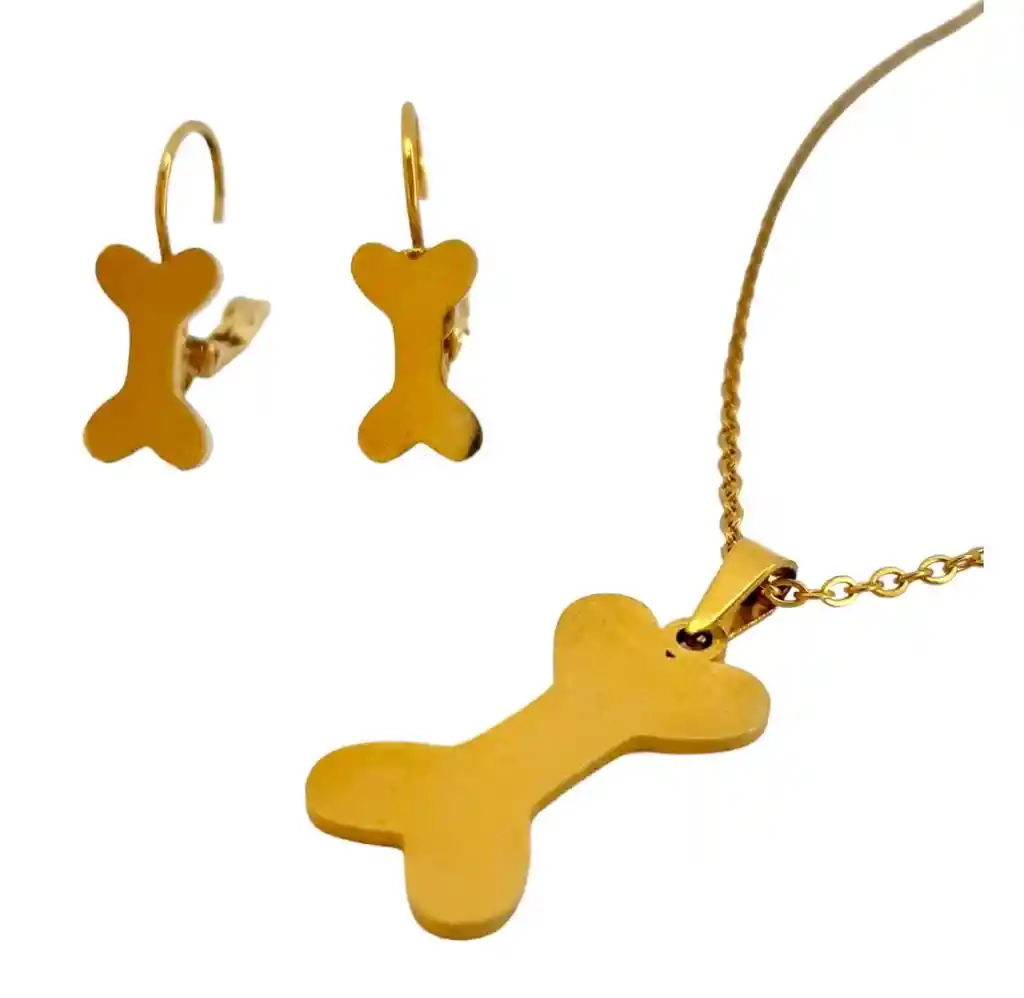 Juego De Aretes Y Collar En Acero Diseño Hueso Perro