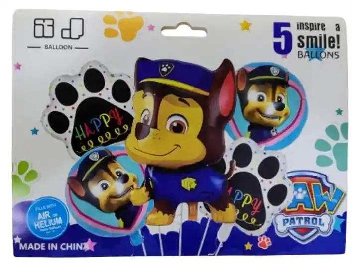 Bouquet X5 Globos Metalizados / Aventura Canina Con Chase De Paw Patrol