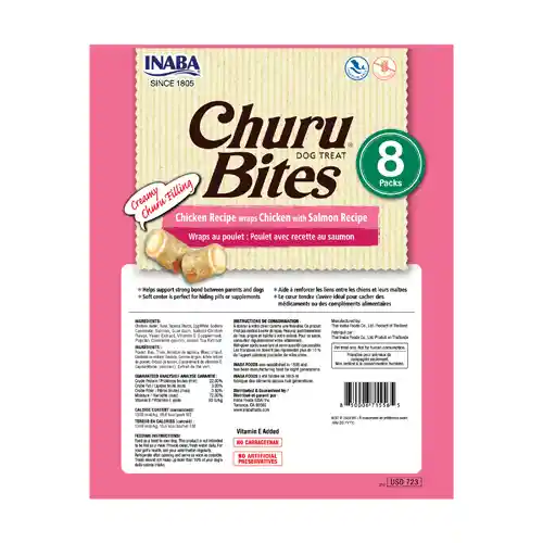 Inaba Dog Snack Churu Bites – Bocados Con Pollo Y Relleno De Pollo Y Salmón 8 Unidades