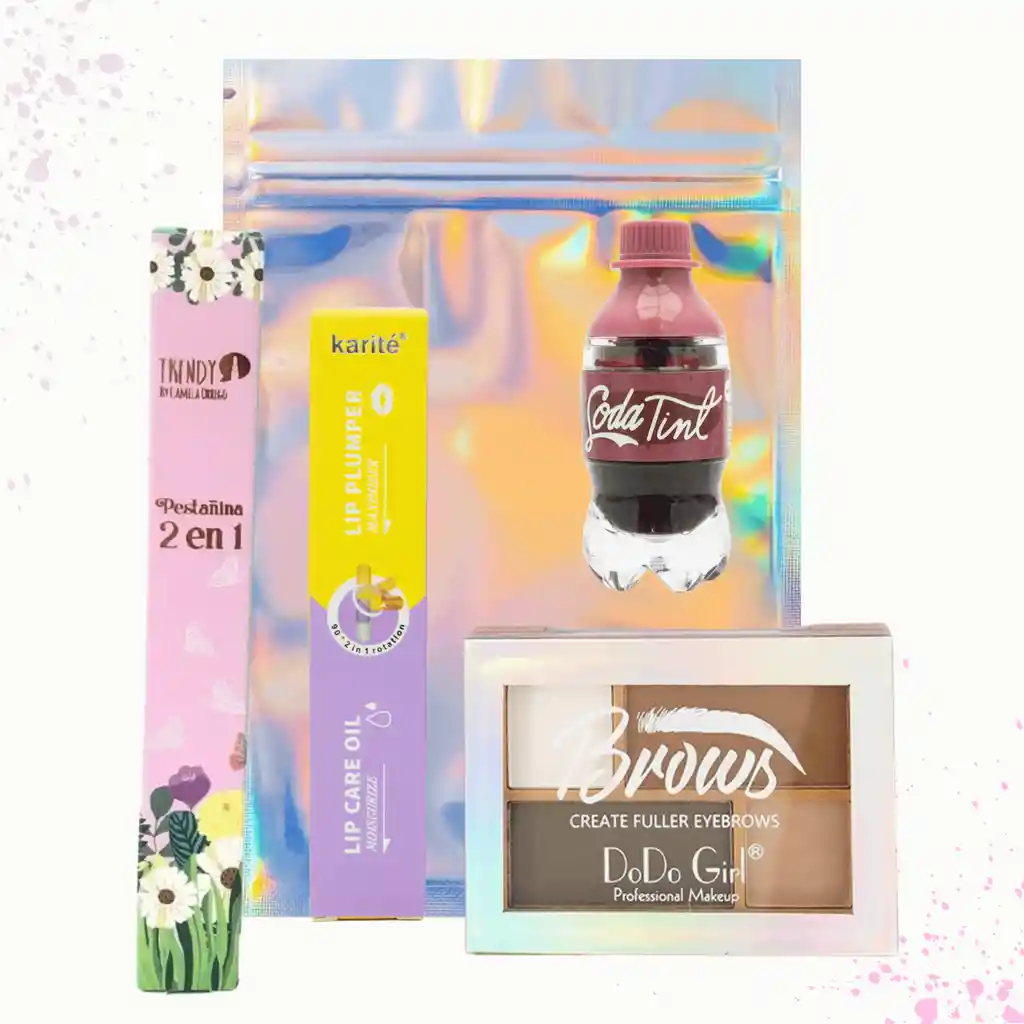  Set 4 Productos  TRENDY : Pestanina 2 En 1 + Voluminizador Doble + Paleta Cejas + Tinte Soda 