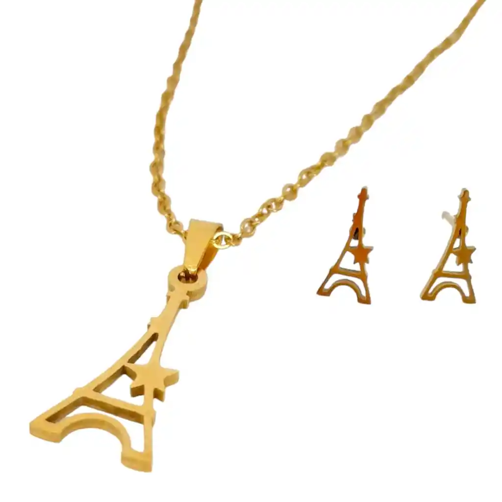 Juego De Aretes Y Collar En Acero Diseño Torre Eiffel Estrella