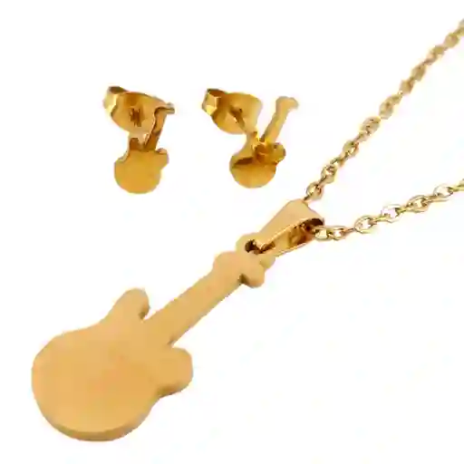 Juego De Aretes Y Collar En Acero Diseño Guitarra