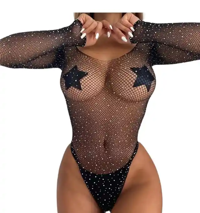 Lencería Body Malla Erotica Sexy Brillante Negra