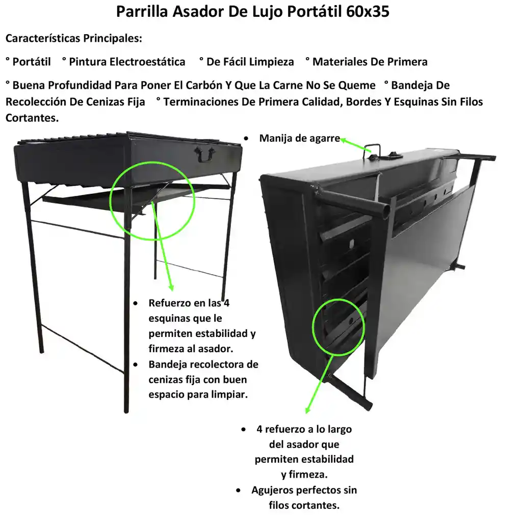 Parrilla Asador De Lujo A Carbon 60x35cm Portatil/desarmable