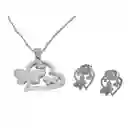 Juego De Aretes Y Collar En Acero Diseño Corazón Mariposa