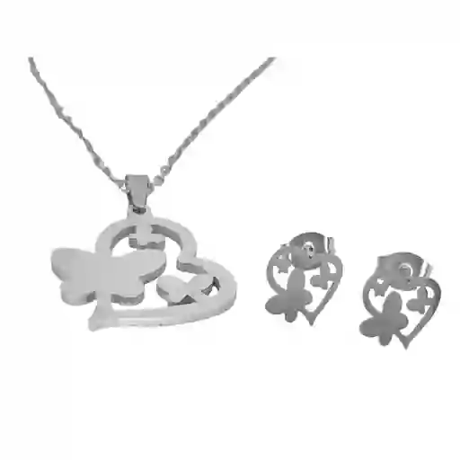 Juego De Aretes Y Collar En Acero Diseño Corazón Mariposa