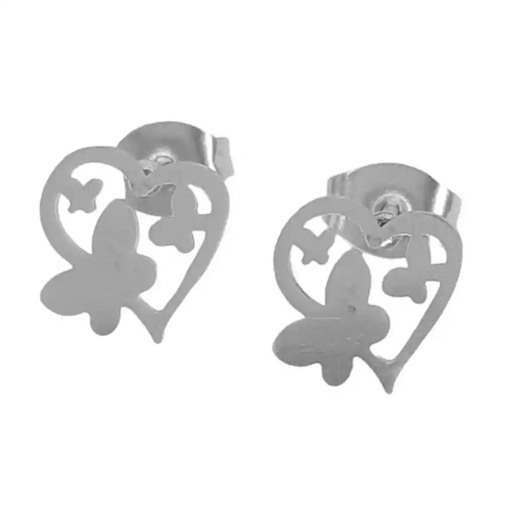 Juego De Aretes Y Collar En Acero Diseño Corazón Mariposa